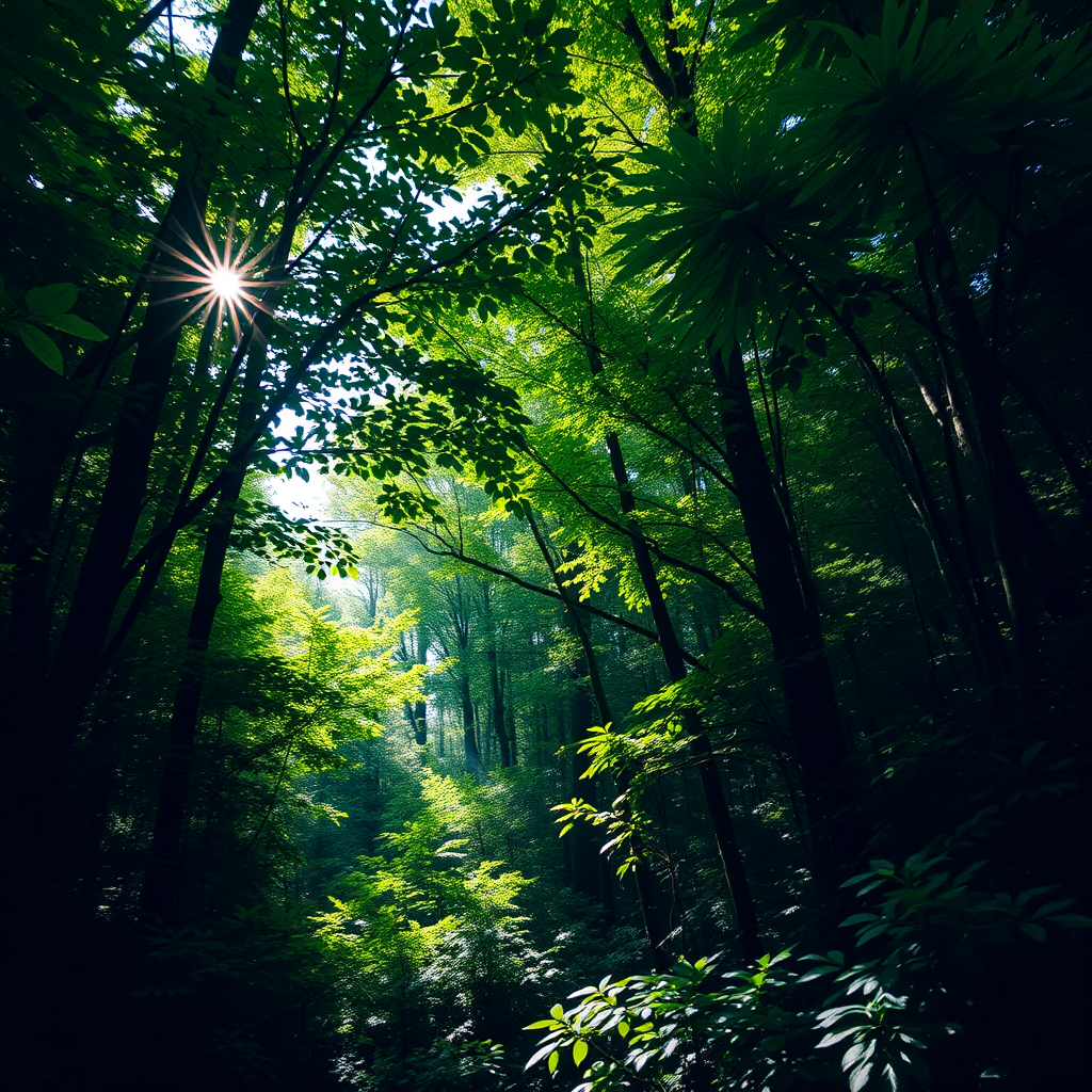 generate a vibrant forest scene with dense greenery, dappled sunlight filtering through the leaves, adding depth and atmosphere with shafts of light illuminating the foliage, 50mm lens, f/2.8 aperture, ISO 200, natural light, DSLR camera, wide-angle view