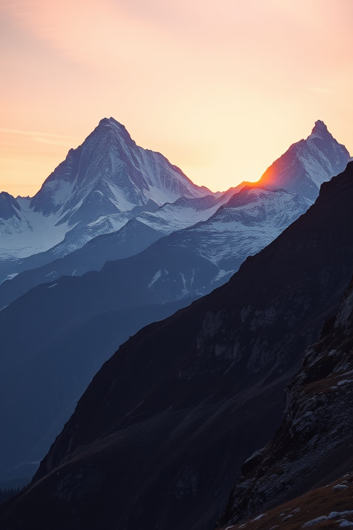 Create a high-resolution image of a majestic mountain landscape during sunrise, using a DSLR camera with a 24mm lens, aperture set to f/8, ISO 100, and a shutter speed of 1/125s, captured from a wide-angle view with a slight tilt upwards to emphasize the peaks and sky, ensuring vibrant colors and sharp details.