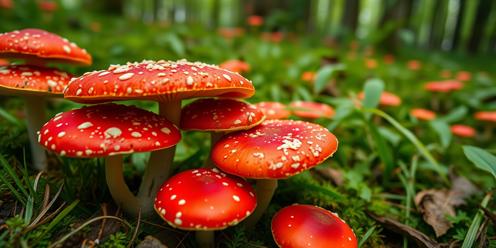 Capture a close-up of vibrant red mushrooms with white spots in a lush green forest, using a Canon EOS R5, 50mm lens, f/2.8 aperture, ISO 100, and natural light to enhance colors and details.
