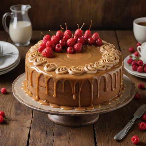 Create an image of a beautifully decorated cake with a smooth caramel glaze on top. The cake should have creamy swirls of frosting and be adorned with vibrant red berries. A slice of the cake should be cut out to reveal the moist interior, and the setting should have a rustic wooden background to enhance the cake's presentation.