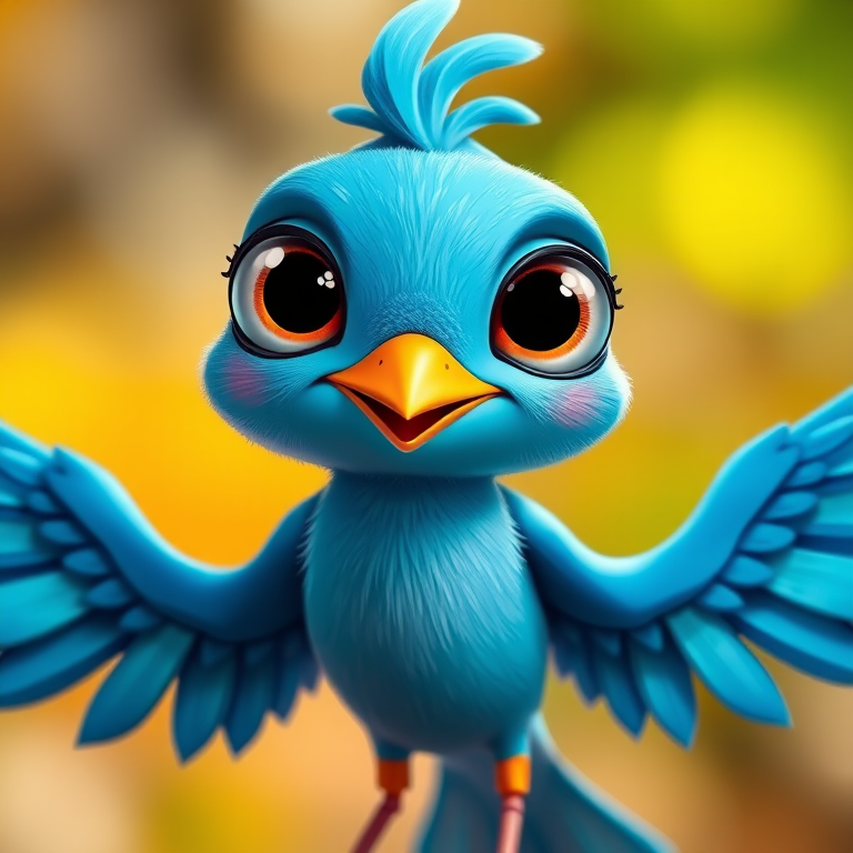 Create a vibrant, cartoon-style image of a cheerful blue bird with oversized eyes and wings outstretched, captured in a close-up view using a DSLR camera at f/2.8 aperture, ISO 100, and a focal length of 50mm to enhance details and colors.