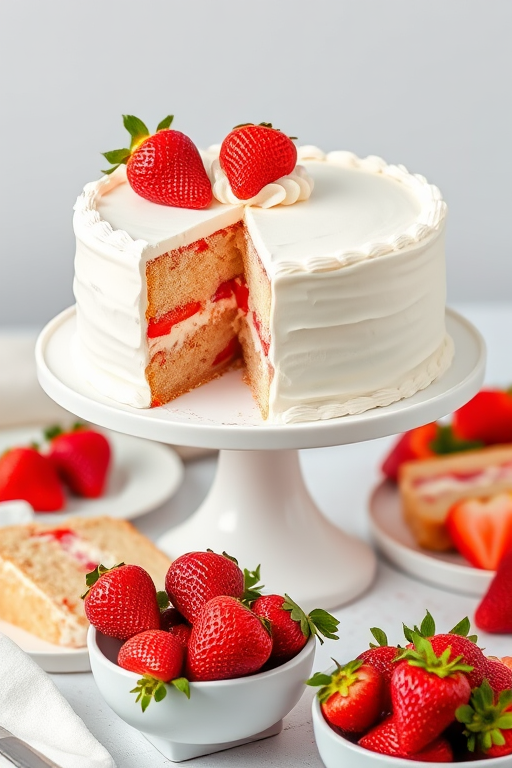 A beautifully decorated white cake with a slice removed revealing a filling of strawberries and cream topped with a whole strawberry and whipped cream on a white pedestal plate surrounded by additional cake slices and fresh strawberries in a bowl.