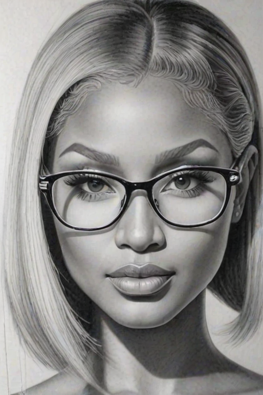 Radiant Nicki Minaj, pencil sketch, portrait of Gorgeous woman 1935s in glasses, hair style beatnik, outline, clear lines, fine lines, 8k