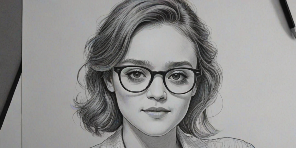 Resplendent Olivia Cooke, pencil sketch, portrait of Charming woman 1979s in glasses, hair style beatnik, outline, clear lines, fine lines, 8k