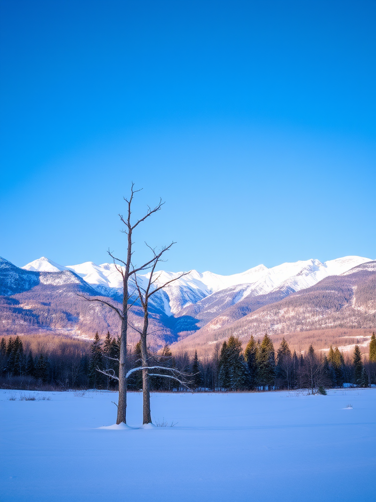 Capture a winter landscape with a solitary tree in foreground, snow-capped mountains in the background under a clear blue sky, use a DSLR camera with a 24mm lens, aperture f/8, ISO 100, shutter speed 1/250s, shoot in landscape mode for enhanced depth and clarity.