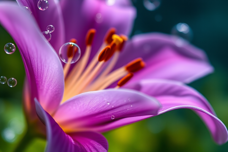 Close-up of a purple lily flower underwater with bubbles, soft focus background, ISO 100, f/2.8 aperture, 1/200 sec shutter speed, 50mm lens, macro photography style, DSLR camera.