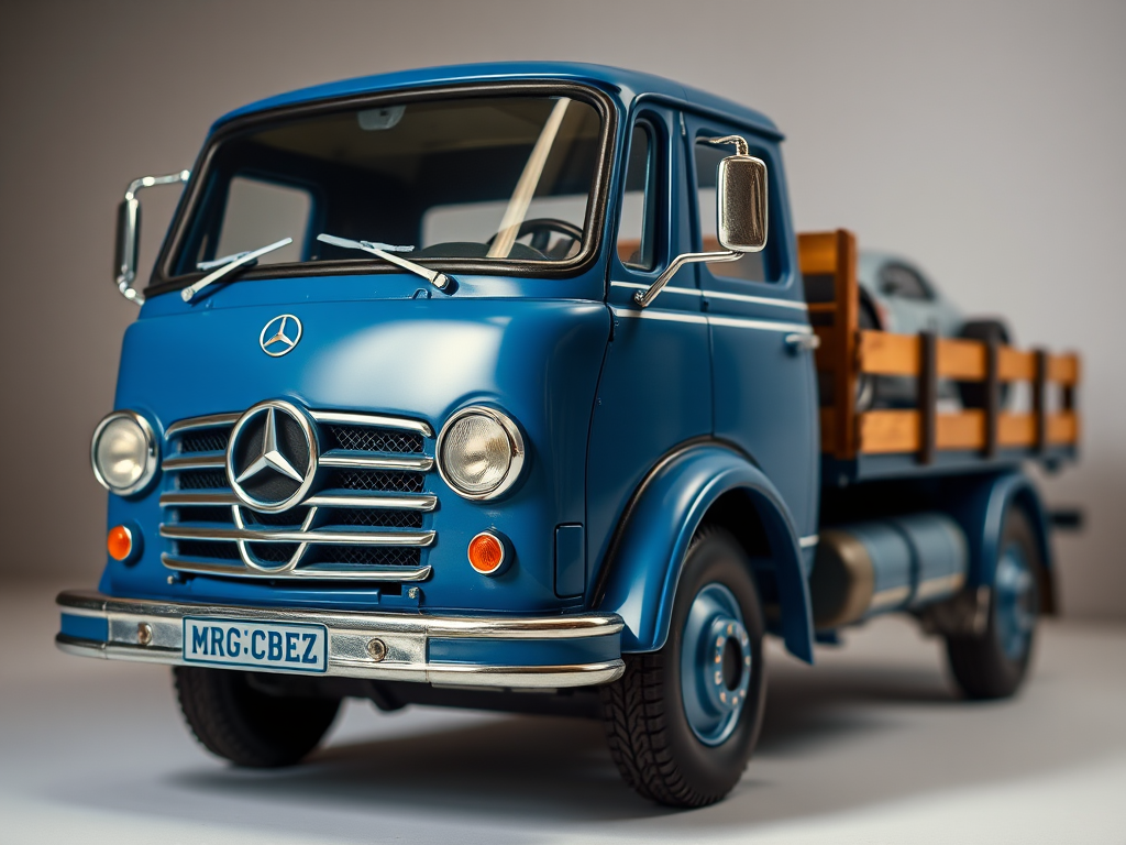 Capture a detailed close-up shot of a vintage blue Mercedes-Benz truck with a silver racing car on its back, using a DSLR camera with a 50mm lens, aperture set to f/2.8 for a shallow depth of field, ISO 100, and a well-lit studio setting to enhance colors and textures.
