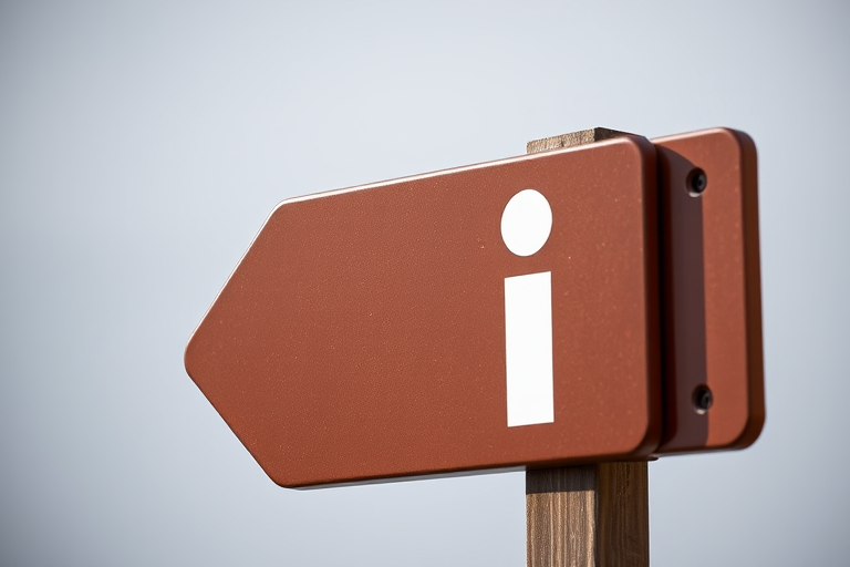 Create a high-resolution image of a brown tourist information sign featuring a large lowercase "i" symbol, captured with a DSLR camera at f/8 aperture, ISO 100, 1/250 sec shutter speed, shot in portrait orientation with a neutral background and soft natural lighting.
