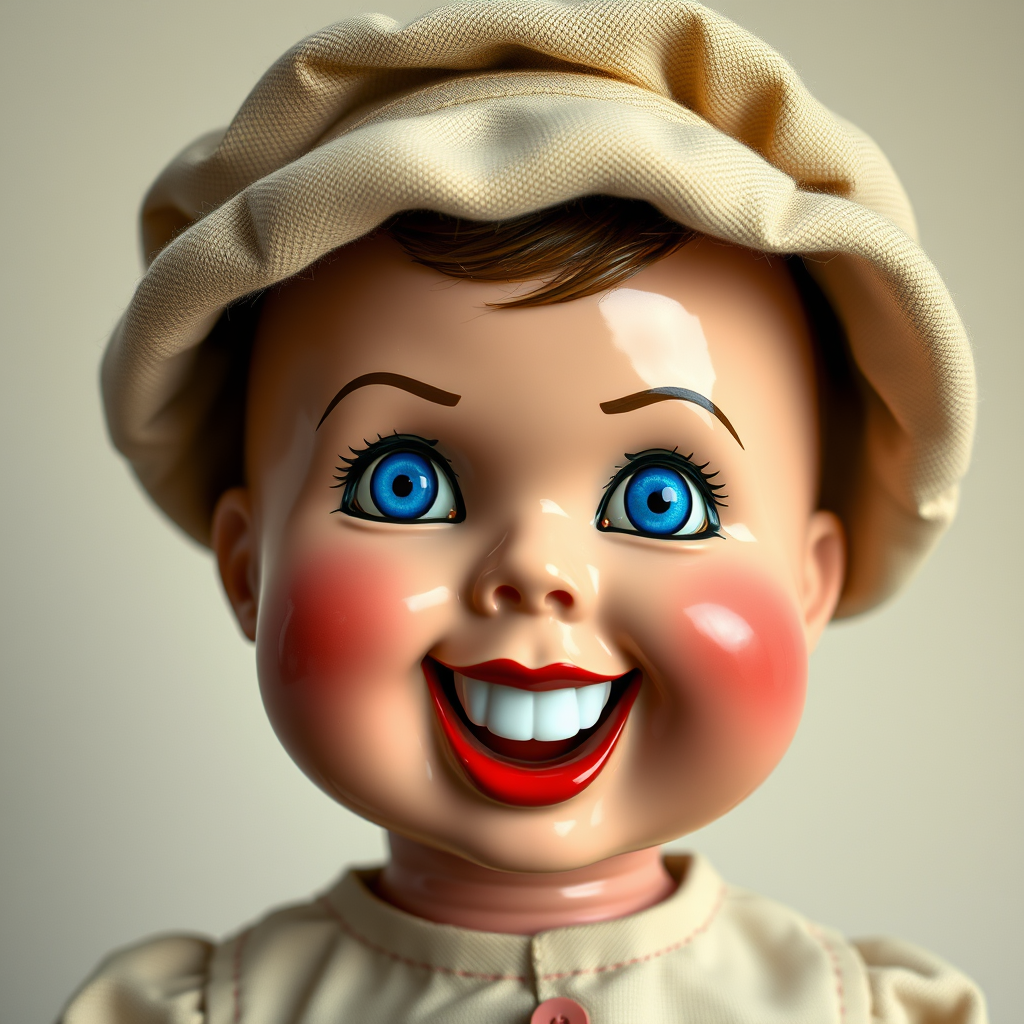 Generate a hyper-realistic image of a vintage doll with rosy cheeks, dimples, and a wide grin with red lips. The doll has bright blue, glossy eyes looking to the side, wearing a beige fabric hat. The face is shiny plastic, contrasting with the matte fabric of the clothing. The background is plain and neutral, emphasizing the doll’s unsettling expression.