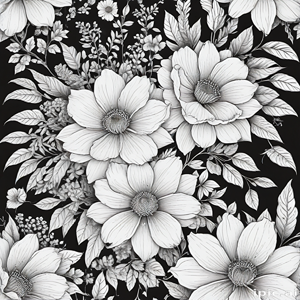 Elegant Black and White Floral Design with Lush Blossoms and Foliage