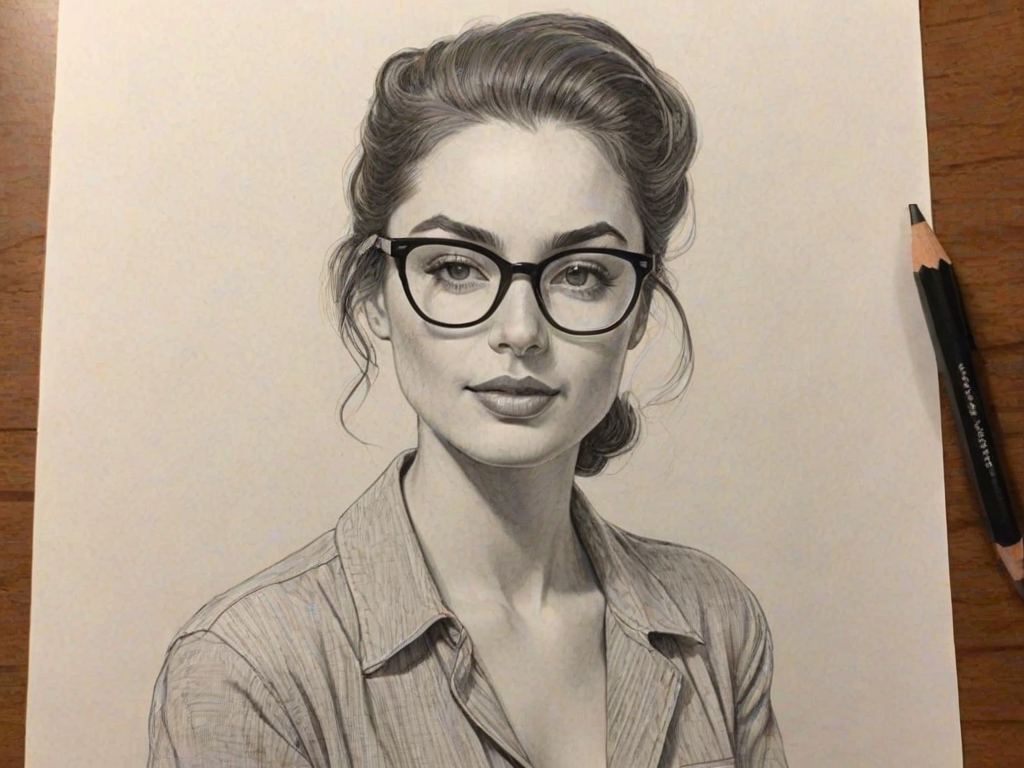 Exquisite Caitlin McHugh, pencil sketch, portrait of Magnificent woman 1947s in glasses, hair style beatnik, outline, clear lines, fine lines, 8k