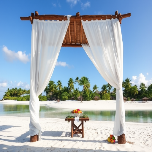 Create a picturesque tropical beach scene featuring a serene, white sandy shore. In the foreground, there's a rustic wooden canopy with white drapes gently flowing in the breeze. Underneath the canopy, a table is set with tropical decor, evoking a sense of relaxation and leisure. The beach extends into a calm, shallow water area with reflections of the sky and surroundings. Palm trees and lush greenery line the edge of the beach, providing a natural, tropical backdrop. The sky is clear with a few scattered clouds, and the overall atmosphere is tranquil and inviting, perfect for a peaceful retreat.