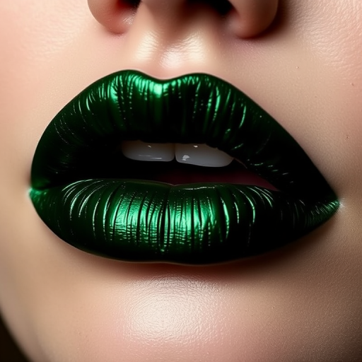 Deep emerald green lips with a metallic sheen, christened "Forest Whisper," offer a bold and mysterious look, complemented by subtle gold leaf accents along the cupid's bow