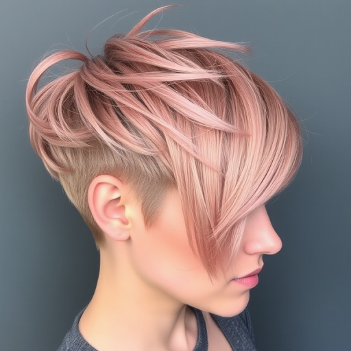 Ethereal rose gold pixie undercut with a long textured top, styled in piece-y layers with a soft side-swept fringe and shimmering metallic undertones