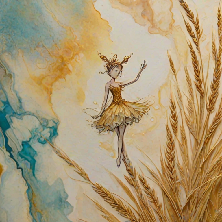 Soft, muted Alcohol Ink with ebru effect background image of tiny whimsical gazalle, who climbed high on the top of a golden rye ear.