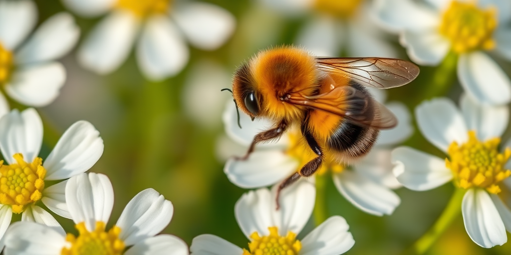 close-up shot of a bumblebee on white flowers, natural light, 50mm lens, f/2.8 aperture, ISO 200, depth of field focus, macro photography, DSLR camera