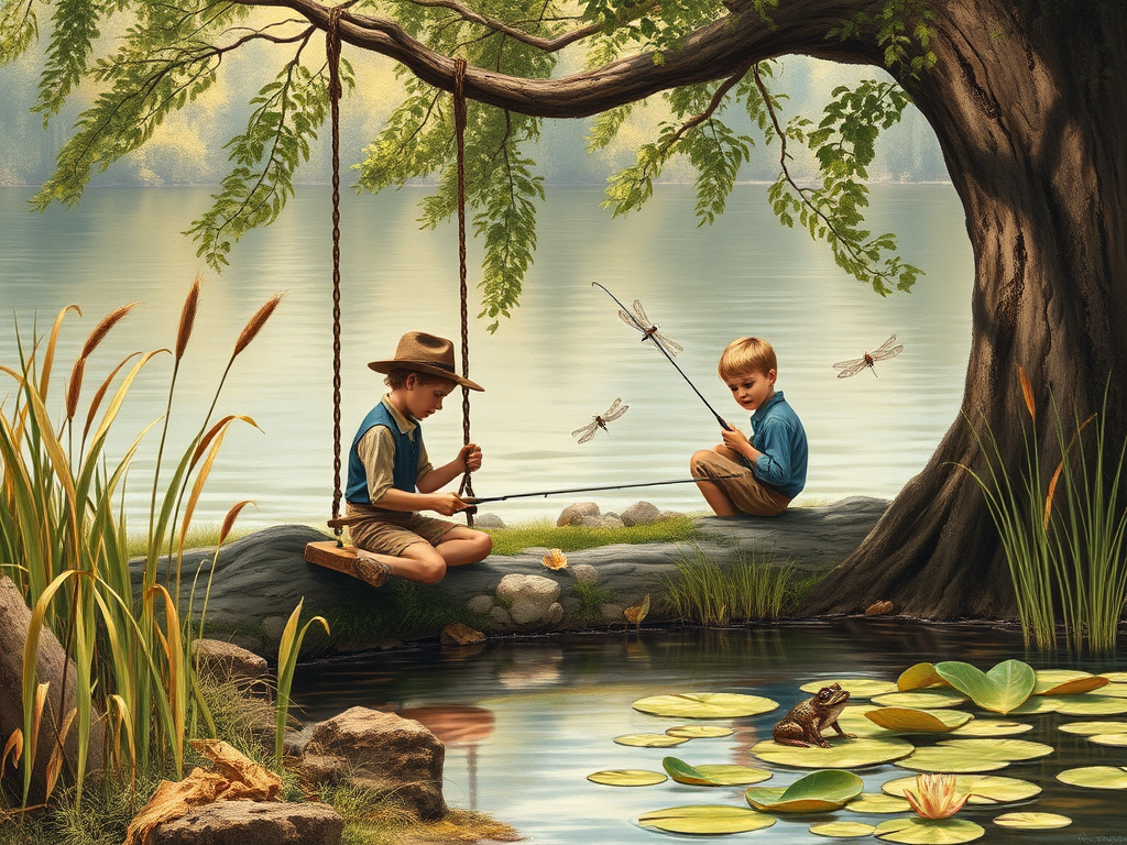 Imagine a small group of old fashioned young boys out fishing by the creek, a swing hanging from a tree branch, reeds and grasses by the water's edge, a frog sitting on a lily pad, dragonflies hovering over som water plans, a very iconic old fashioned scene reminiscent of a Norman Rockwell painting style
