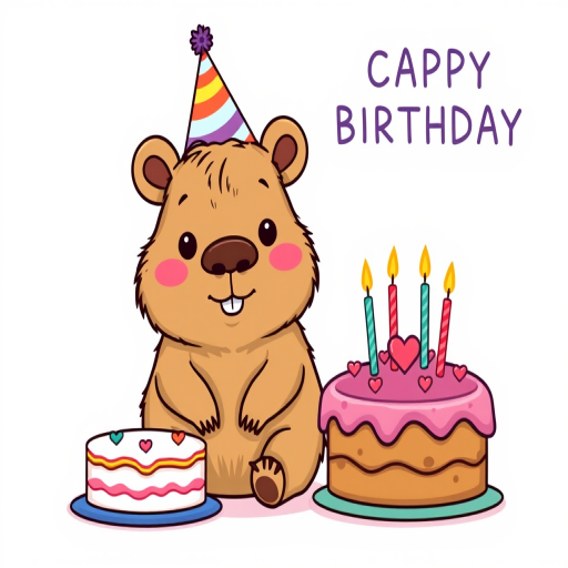 Cute cartoon capybara wearing a party hat sitting next to a birthday cake with candles and a heart symbol, pastel background with text that says CAPPY BIRTHDAY.
