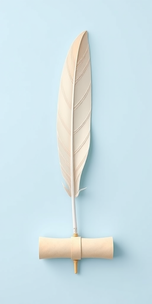 Create a minimalist illustration of a quill pen and scroll on a light blue background, captured with a DSLR camera at f/2.8 aperture, 50mm lens, ISO 100, natural light, with a slight depth of field to emphasize the quill and scroll.