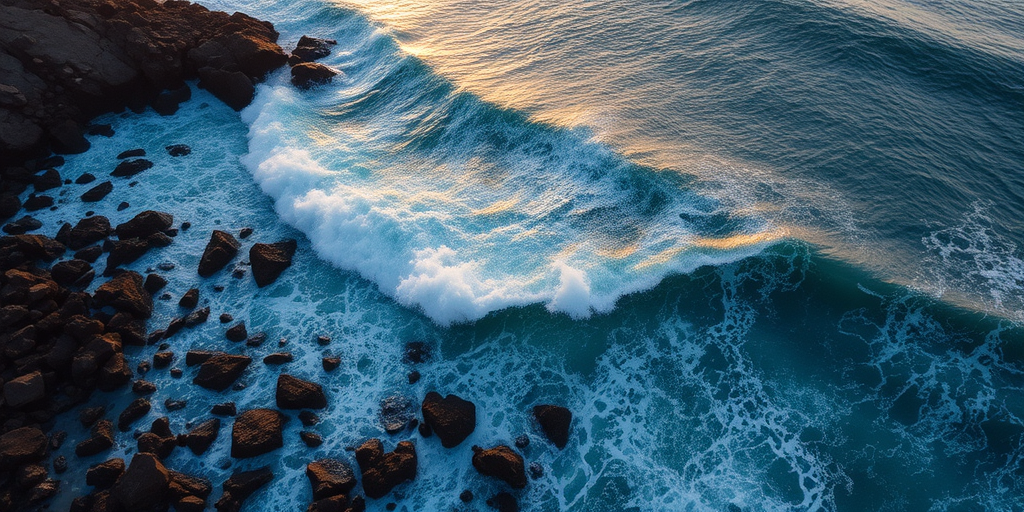 aerial view of crashing ocean waves against rocky shore at sunrise, high resolution, f/8 aperture, ISO 100, 1/200s shutter speed, drone photography, DJI Mavic 3