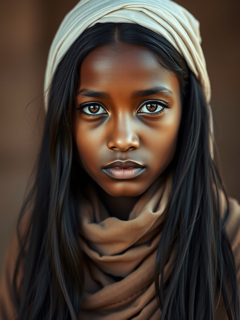 Create a portrait of a young Nubian female with long, dark hair and captivating hazel eyes. She is wearing a white headscarf and a matching scarf draped gracefully around her neck. The background is softly blurred, focusing attention on her serene and natural expression. The overall color palette is muted and warm, enhancing the intimate and authentic feel of the portrait.