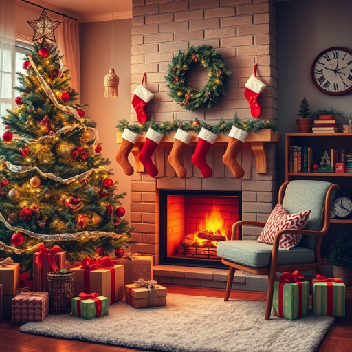 Create a warm and inviting holiday scene featuring a beautifully decorated Christmas tree with twinkling lights, stockings hung above a cozy fireplace, and festive decorations around the room. Include a comfortable armchair and a soft rug on the floor, with gift boxes wrapped in colorful paper nearby. The overall atmosphere should be cheerful and magical, evoking the spirit of the holiday season.