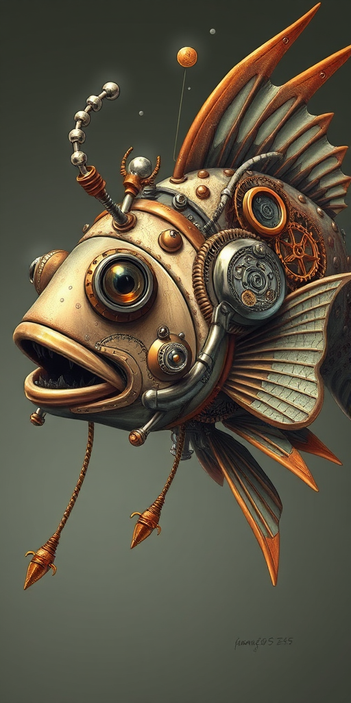 Create a highly detailed illustration of a steampunk fish with mechanical elements, using a Canon EOS R5, 50mm lens, f/2.8 aperture, ISO 100, focus on intricate details, with a clear view and high contrast to enhance textures and forms.