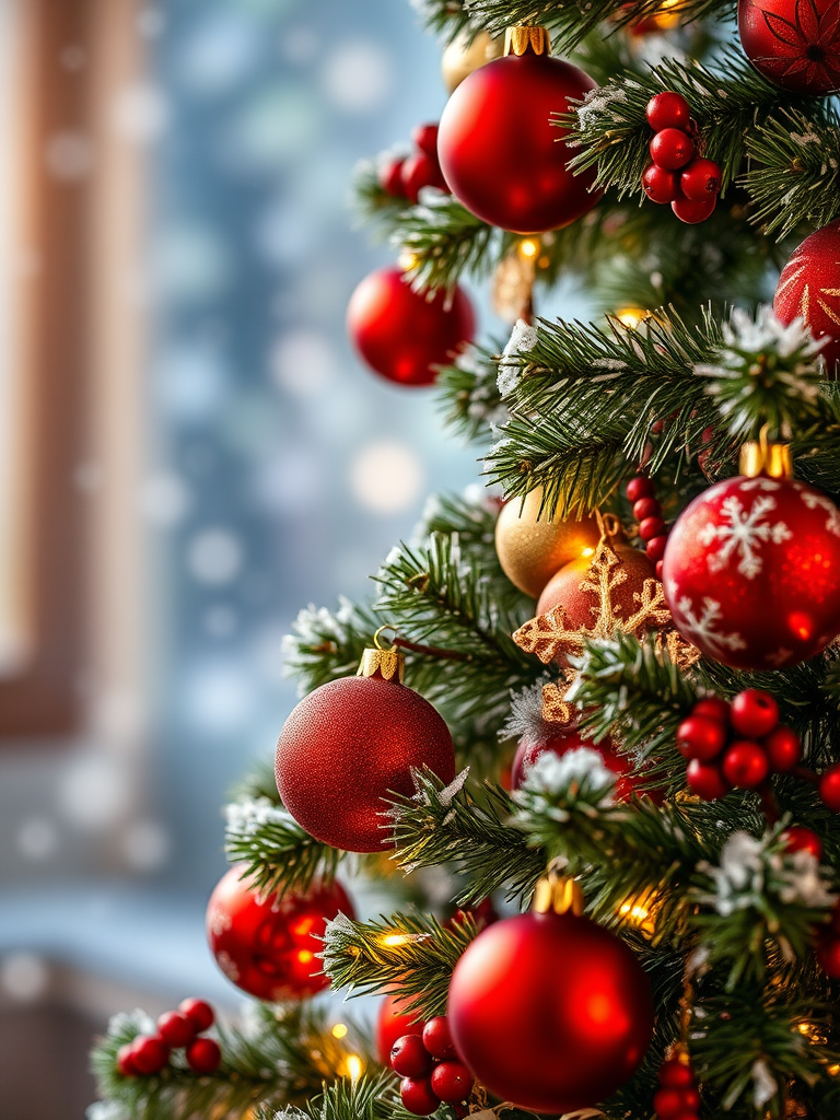 Create an image of a beautifully decorated Christmas tree with red and gold ornaments, surrounded by snowflakes and a soft, glowing background that evokes a warm holiday atmosphere. Include some berry accents and a hint of twinkling lights.
