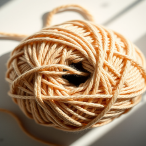 Create a high-resolution image of a textured ball of yarn, shot with a Canon EOS R5 at f/2.8, ISO 100, 50mm lens, top-down view, soft natural lighting, in a minimalistic style.