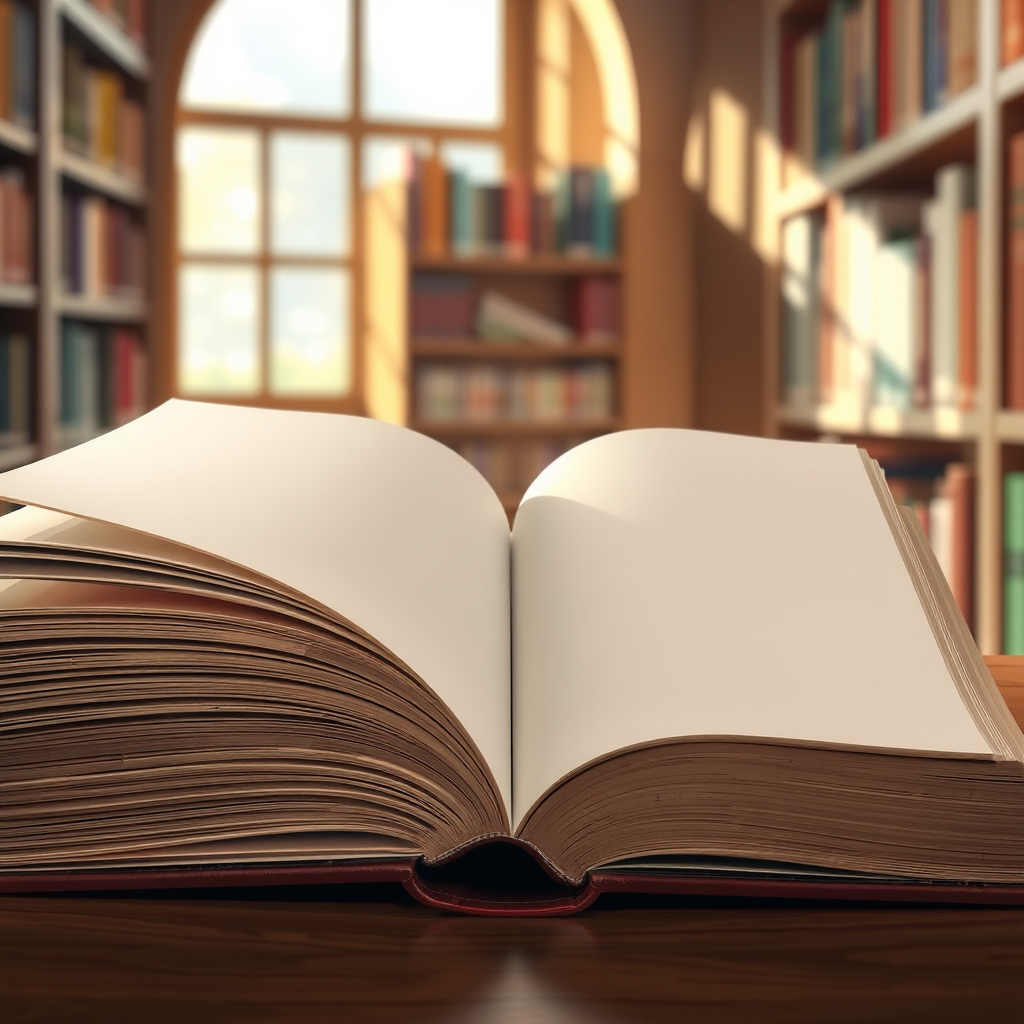 Create a detailed illustration of an open book with blank pages in a cozy library setting, shot with a Canon EOS R5, 50mm lens, aperture f/2.8, ISO 100, in natural soft light, with a focus on the texture of the pages.