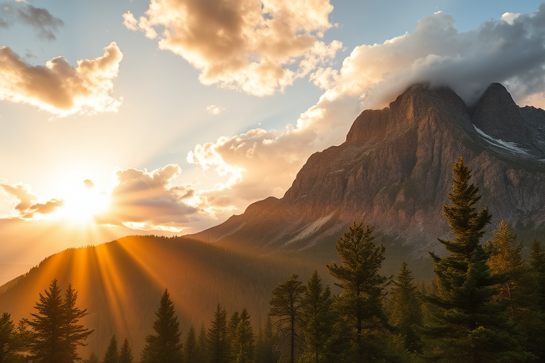 Regenerate a scenic mountain landscape during golden hour with dramatic clouds and sun rays breaking through, focus on foreground pine trees, DSLR camera, f/11 aperture, 1/125 sec shutter speed, ISO 200, wide-angle lens, high dynamic range photography.
