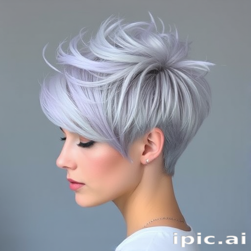 Striking silver pixie cut with dramatic swept-back volume and subtle lilac undertones, styled to resemble windswept feathers dubbed "Storm Chaser" radiating strength and dynamism