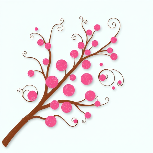 Create a stylized illustration of a brown branch with swirling patterns and clusters of pink circles, using a DSLR camera with a 50mm lens, f/2.8 aperture, 1/200 shutter speed, in a flat lay view, emphasizing vibrant colors and clean lines.