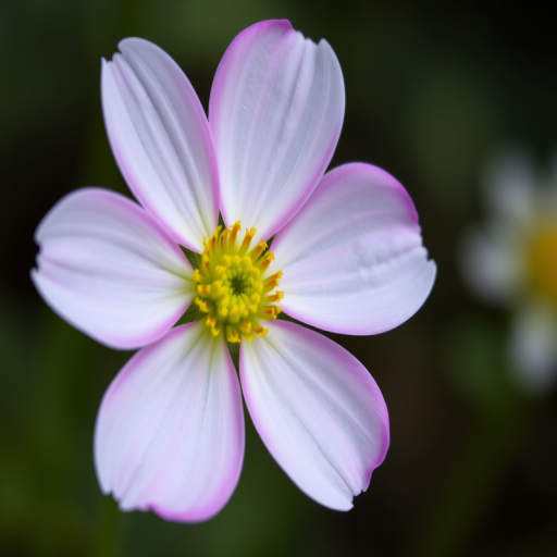 Close-up of a single white flower with a yellow center and pink edges, shot with a DSLR camera, ISO 100, aperture f/2.8, 50mm lens, natural light, slight bokeh in the background.