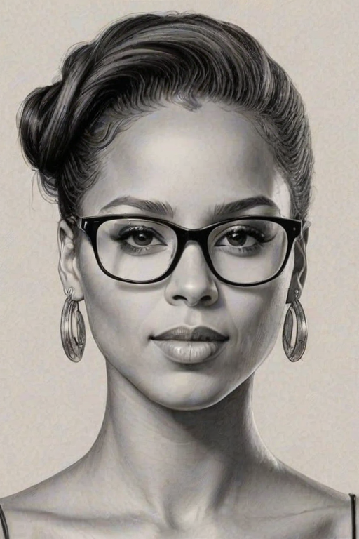 Fascinating Alicia Keys, pencil sketch, portrait of Ravishing woman 1929s in glasses, hair style beatnik, outline, clear lines, fine lines, 8k
