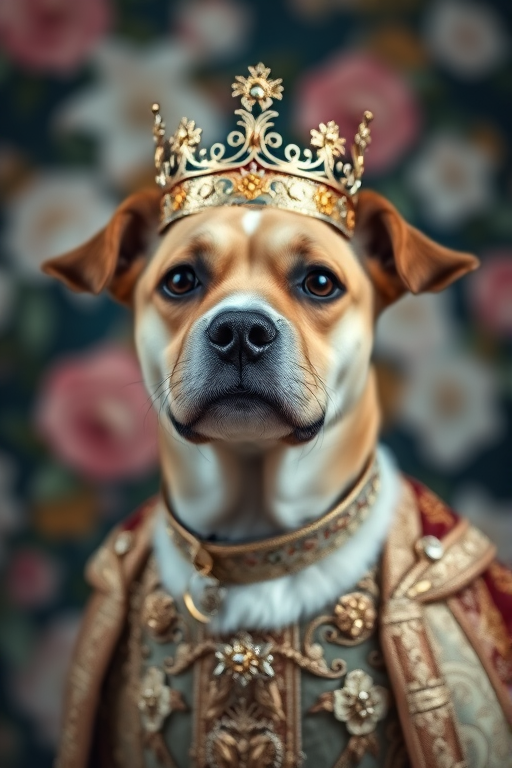 portrait of a regal dog wearing an ornate royal outfit with a crown, captured in high detail using a Canon EOS R5 with an 85mm f/1.2 lens at f/1.2, ISO 100, 1/200s, soft natural lighting, shallow depth of field, and a blurred floral background for emphasis on the subject