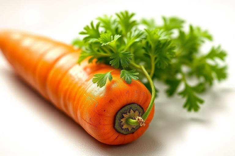 Create a detailed illustration of a vibrant carrot with leafy greens on top, using a DSLR camera with a 50mm lens at f/2.8, ISO 100, and a 1/200 shutter speed, in a soft focus style to enhance the colors and textures of the carrot against a blurred background.