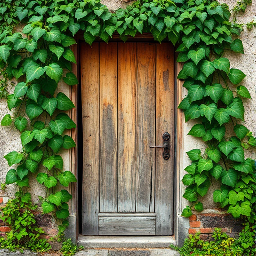 Regenerate the image of a weathered wooden door framed by lush green vines on an aged wall, using a DSLR camera with a 50mm lens at f/2.8, shooting from a 45-degree angle, with soft natural lighting for enhanced details and vibrant colors.