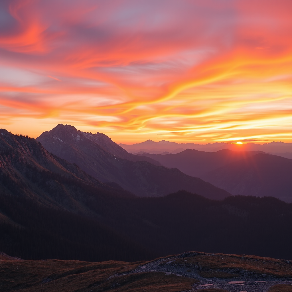 Generate a high-resolution image of a scenic mountain landscape during sunset with vibrant colors, using a DSLR camera, 24mm lens, f/8 aperture, ISO 100, shot at golden hour, in landscape orientation.