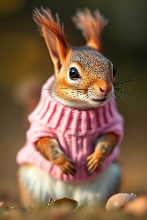 Create a highly detailed, realistic image of a cute squirrel wearing a pink sweater, captured with a Canon EOS R5, 50mm lens, f/1.8, ISO 200, in natural lighting with a shallow depth of field, ensuring a soft blurred background to enhance focus on the squirrel.