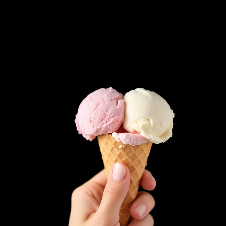 Capture a close-up shot of a hand holding an ice cream cone with two scoops, one pink and one white, against a solid black background, using a DSLR camera with a 50mm lens, f/2.8 aperture, ISO 100, and soft natural lighting for enhanced image quality.