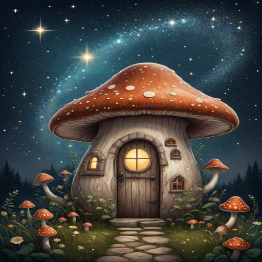 imagine illustration of a mushroom house with a door and a window, a storybook , fantasy art, mushroom house, bg starry sky, sparkles