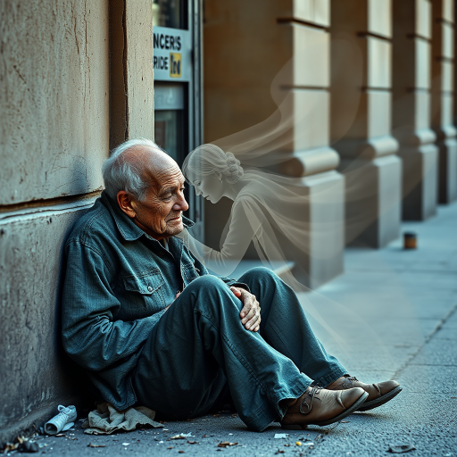 beautifully weathered old homeless veteran sitting on the ground slumping against the wall of a building with his eyes closed. there is an Ethereal, translucent figure of a beautiful elderly woman comforting him