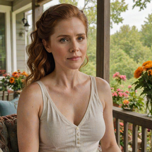 A photo of Amy Adams with a background of a cozy porch. She has dark hair pulled back in an updo, with tendrils framing her face. She wears a white tank top and sits on the porch. The porch is part of a well-lit home with a warm, earthy tone and colorful flowers and foliage. The overall scene has a warm, welcoming, and comfortable ambiance.