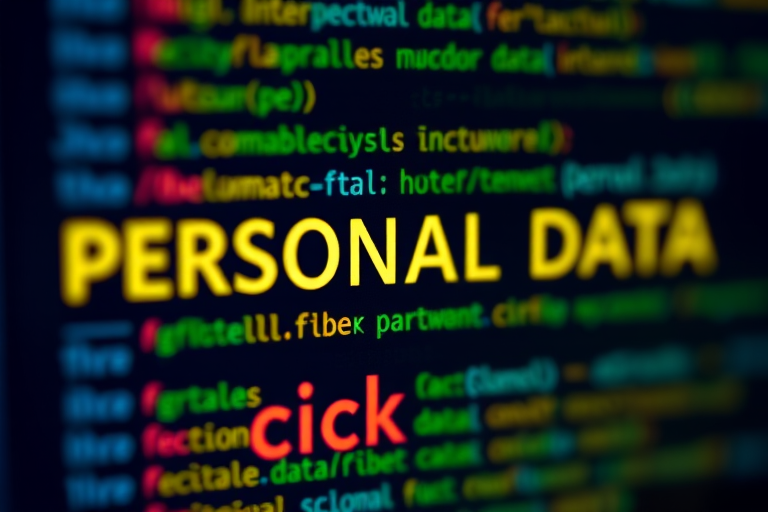 Generate an image of code containing the words "PERSONAL DATA" and "click" with varied colors for emphasis, using a macro lens at f/2.8, ISO 100, and a 50mm focal length, with a blurred background for depth.