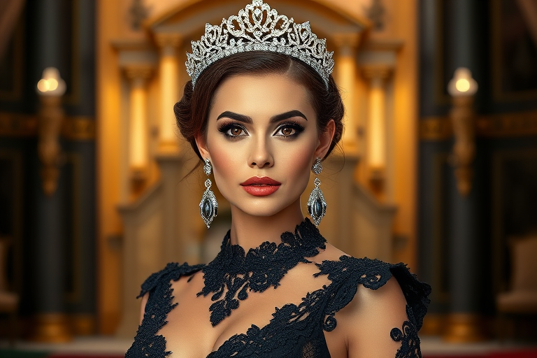 A gorgeous Caucasian woman in a luxurious black gown, accessorized with a dazzling tiara and statement earrings, her deep brown eyes highlighted by impeccable makeup, poised in a royal setting, photorealistic, 8K quality