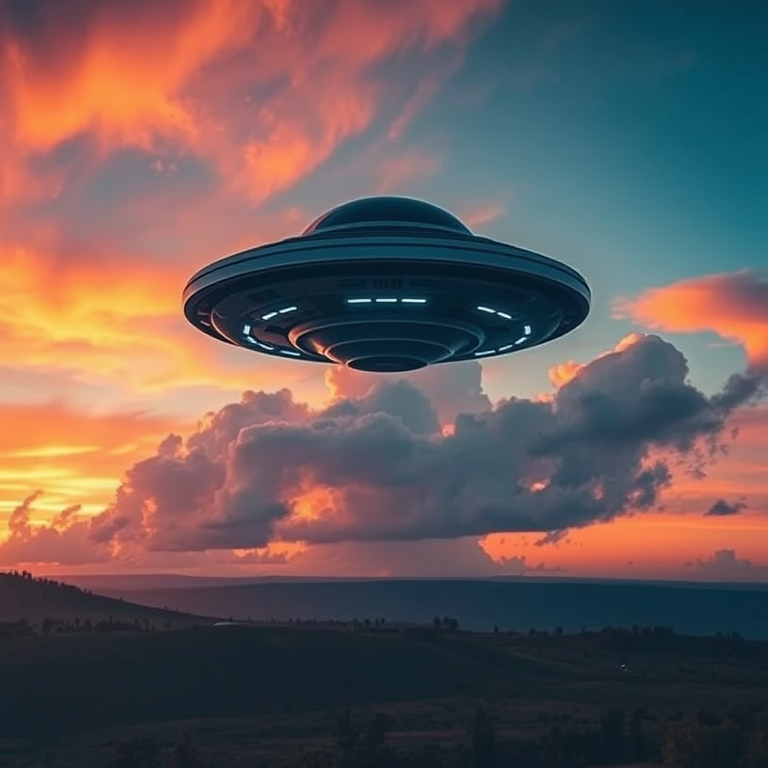 Generate a high-resolution image of a futuristic UFO hovering above a serene landscape during sunset with vibrant clouds in the background, captured with a Canon EOS R5, 24mm lens, aperture f/8, ISO 100, 1/200 sec shutter speed, wide-angle view, realistic style.