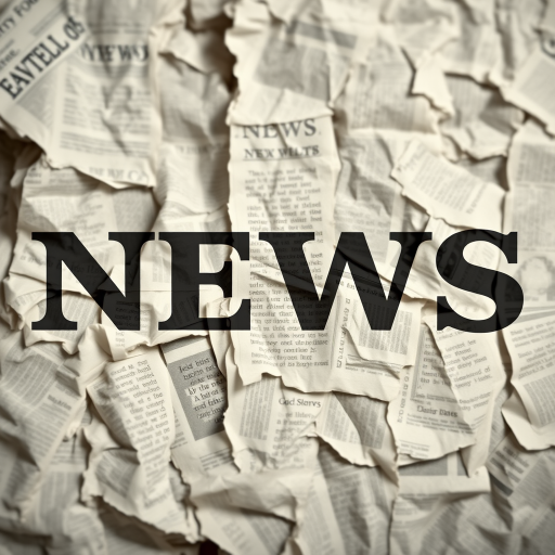 Create an abstract background featuring the word "NEWS" repeated in different opacity levels overlaid on crumpled newspaper texture, shot with a DSLR camera at f/2.8 aperture, ISO 100, 50mm lens, natural light, and slight vignette effect to enhance depth.