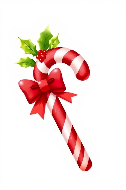 Create an illustration of a Christmas candy cane with red and white stripes, adorned with a green holly and a red bow, captured from a close-up view using a DSLR camera at f/4 aperture, ISO 100, and a 50mm lens to enhance image clarity and colors.