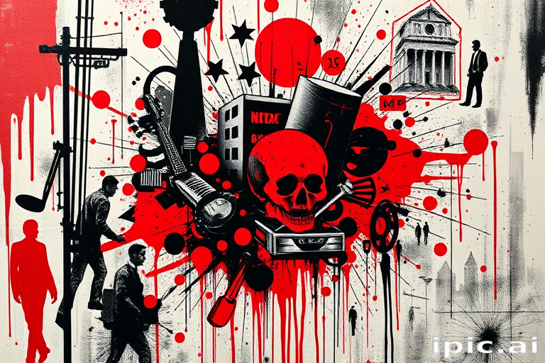 Trash polka tattoo named "Urban Symphony" blending chaotic abstract elements with realistic imagery in a bold red and black color scheme for a striking graphic effect